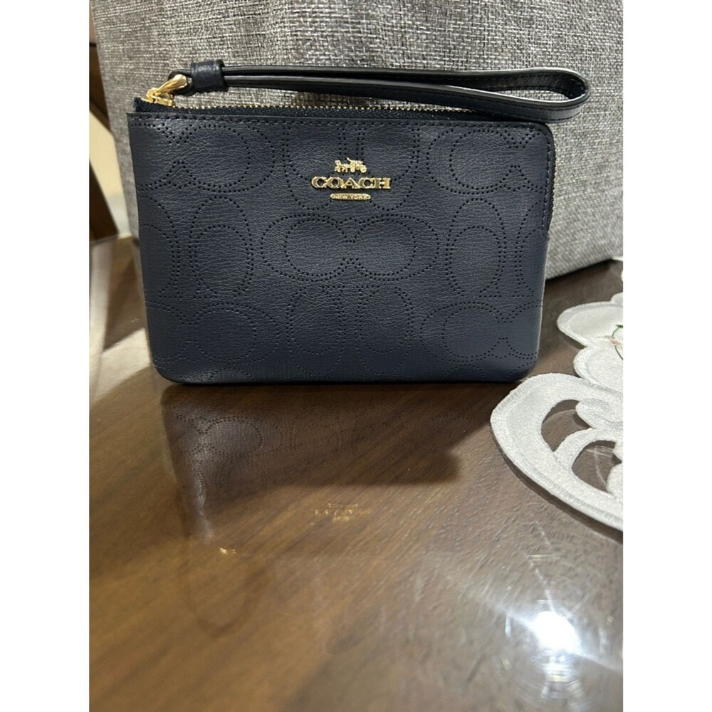 Coach Midnight Blue Leather Corner Zip Wristlet Wallet #2961
